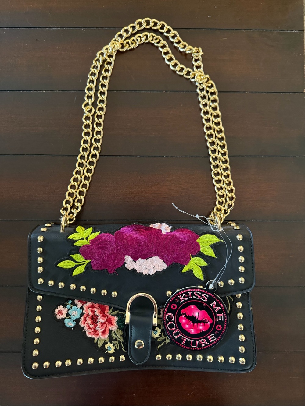 Black Floral Embroidered Chain Crossbody Bag with Gold Hardware
